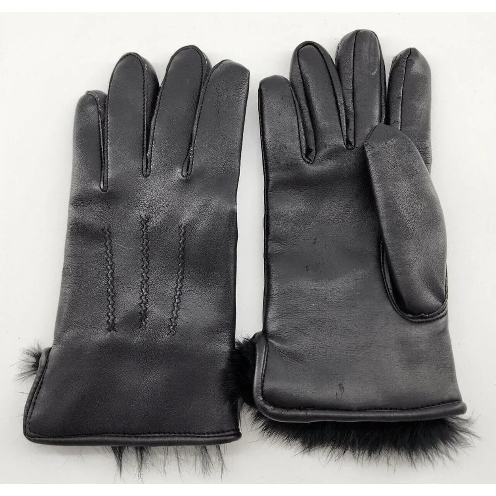 Jessica Stevens Women's Black‎ PVC Gloves  Animal Fur Lined Cuffs Size S/M